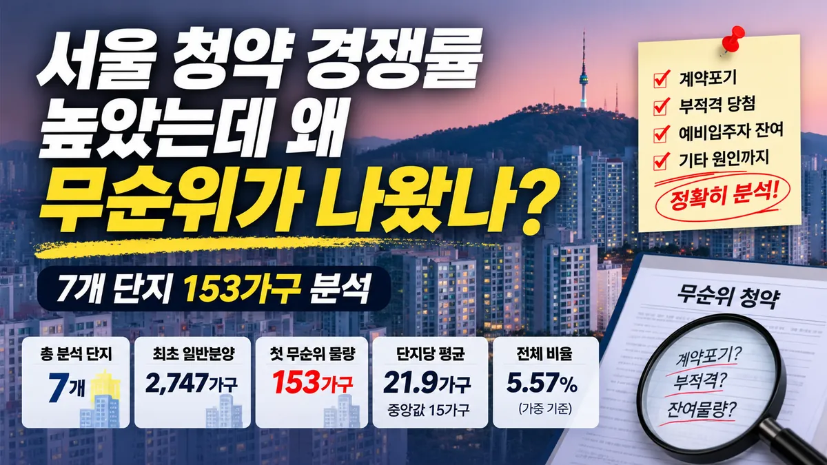 서울 고경쟁 청약 7개 단지 무순위 153가구 분석 서울 주요 아파트 청약에서 수십 대 1 경쟁률로 1순위가 마감됐는데도 이후 무순위 물량이 다시 나오는 이유는 무엇일까요. AptToSell이 2026년 서울 신규분양 가운데 최초 1순위 경쟁률이 높았고 이후 첫 무순위 공급이 확인된 주요 7개 단지를 다시 연결해 분석했습니다. 7개 단지의 최초 일반분양 물량은 총 2,747가구, 첫 무순위로 다시 나온 물량은 153가구였습니다. 단지당 첫 무순위 물량은 평균 21.9가구, 중앙값은 15가구였습니다. 최초 일반분양 전체 물량 대비 첫 무순위 물량은 가중 기준 5.57%였습니다. 그러나 단지별로는 0.5% 수준부터 20%를 넘는 사례까지 차이가 컸습니다. 중요한 점은 무순위가 나온 이유가 모두 같지 않다는 것입니다. 계약포기, 당첨자 부적격, 정당계약·예비입주자 절차 후 남은 잔여물량이 섞여 있었고, 불법행위에 따른 계약취소주택 재공급은 일반적인 미계약 무순위와 별도로 봐야 했습니다. 서울 고경쟁 7개 단지에서 첫 무순위 153가구 단지 최초 1순위 평균 경쟁률 최초 일반분양 첫 무순위 무순위 비율 첫 무순위 경쟁률 래미안 엘라비네 25.56대1 272가구 56가구 20.59% 21.6대1 라클라체자이드파인 26.91대1 369가구 2가구 0.54% 1,234.5대1 아크로 리버스카이 19.92대1 285가구 3가구 1.05% 100대1 써밋 더힐 32.51대1 432가구 3가구 0.69% 726.33대1 장위 푸르지오 마크원 10.72대1 1,032가구 39가구 3.78% 약 42.2대1 드파인 아르티아 18.83대1 171가구 15가구 8.77% 43.73대1 충정로역자이르네 44.52대1 186가구 35가구 18.82% 11.97대1 7개 단지의 최초 1순위 평균 경쟁률 단순평균은 약 25.6대1입니다. 청약 단계만 보면 모두 수요가 충분해 보이는 단지입니다. 하지만 첫 무순위 물량은 단지별로 2가구부터 56가구까지 큰 차이를 보였습니다. 따라서 1순위 경쟁률이 높으면 실제 계약도 대부분 완료된다고 단정하기 어렵습니다. 래미안 엘라비네는 계약포기 56가구가 확인됐습니다 래미안 엘라비네는 최초 일반분양 272가구 가운데 56가구가 첫 무순위로 나왔습니다. 비율로는 20.59%입니다. 이 사례는 발생 원인이 비교적 명확합니다. 공개된 자료에서 56가구가 계약포기 물량으로 확인됐습니다. 특히 무순위 물량은 84㎡와 115㎡에 집중됐습니다. 시장에서는 높은 분양가와 대출규제에 따른 자금조달 부담을 주요 배경 가운데 하나로 분석했습니다. 다만 개별 당첨자가 정확히 어떤 이유로 계약을 포기했는지는 공개되지 않았기 때문에 모든 계약포기를 대출 문제 하나로 설명해서는 안 됩니다. 장위 푸르지오 마크원은 부적격 등 잔여가 확인됐습니다 장위 푸르지오 마크원은 최초 일반분양 1,032가구 가운데 첫 무순위로 39가구가 나왔습니다. 최초 일반분양 대비 약 3.78%입니다. 공개자료에서는 이 물량을 부적격 등으로 발생한 잔여물량으로 설명하고 있습니다. 39㎡A 21가구, 84㎡A 8가구, 84㎡C 6가구, 101㎡ 4가구였습니다. 여기서 단지 평균 경쟁률만 보면 놓치는 부분도 있습니다. 최초 청약에서 일부 소형 타입은 높은 경쟁률을 보였지만, 84㎡ 주요 타입과 101㎡는 상대적으로 낮았습니다. 즉 일부 인기 타입의 높은 경쟁률이 단지 전체 수요의 강도를 그대로 의미하지는 않습니다. 아크로 리버스카이는 부적격 등으로 3가구가 남았습니다 아크로 리버스카이는 최초 일반분양 285가구 가운데 첫 무순위로 3가구가 나왔습니다. 최초 분양물량 대비 약 1.05%입니다. 이 물량은 정당계약과 예비당첨자 계약을 거친 뒤 부적격 등의 사유로 발생한 잔여분으로 확인됩니다. 따라서 이 사례를 청약 흥행 실패나 대규모 계약포기로 해석하는 것은 적절하지 않습니다. 대부분 계약이 마무리된 뒤 자격검증 과정 등에서 극소수 물량이 다시 나온 사례에 가깝습니다. 써밋 더힐과 라클라체자이드파인은 극소수 잔여 사례에 가깝습니다 써밋 더힐은 최초 일반분양 432가구 가운데 정당계약과 예비입주자 계약을 거친 뒤 3가구가 남았습니다. 비율은 0.69%입니다. 라클라체자이드파인도 최초 일반분양 369가구 가운데 2가구만 첫 무순위로 나왔습니다. 비율은 0.54%입니다. 라클라체자이드파인의 첫 무순위는 2가구에 신청이 집중되면서 평균 경쟁률이 1,000대1을 넘었습니다. 이런 사례는 고경쟁 단지에서 계약이 대거 깨졌다고 보기보다 대부분 계약된 뒤 극소수 잔여물량이 다시 공급된 경우로 보는 것이 더 정확합니다. 충정로역자이르네는 최초 44대1 이후 35가구가 다시 나왔습니다 충정로역자이르네는 최초 1순위에서 평균 44.52대1을 기록했지만, 최초 일반분양 186가구 가운데 35가구가 첫 무순위로 다시 나왔습니다. 비율로는 18.82%입니다. 공개자료상 이 물량은 불법행위에 따른 계약취소주택이 아니라 최초 청약, 정당계약, 예비입주자 선정까지 거친 뒤 남은 미계약 물량입니다. 무순위에서도 35가구에 419명이 신청해 평균 11.97대1을 기록했습니다. 최초 청약 경쟁률보다 크게 낮아졌다는 점도 주목할 필요가 있습니다. 드파인 아르티아는 무순위에서 오히려 경쟁률이 높아졌습니다 드파인 아르티아는 최초 일반분양 171가구 가운데 15가구가 첫 무순위로 나왔습니다. 비율은 약 8.77%입니다. 첫 무순위는 84㎡A 1가구, 84㎡B 9가구, 109㎡A 5가구였습니다. 15가구에 656건이 접수돼 평균 43.73대1을 기록했습니다. 다만 공개자료만으로는 이 15가구가 부적격인지 계약포기인지 정확한 구성을 확인하기 어렵습니다. 따라서 이번 자료에서는 임의로 계약포기로 분류하지 않고 세부 원인 미공개 잔여로 처리했습니다. 무순위가 나오는 이유는 최소 네 가지로 나눠야 합니다 계약포기: 당첨 후 실제 계약 단계에서 계약하지 않는 경우 당첨자 부적격: 청약 자격, 세대구성, 재당첨 제한 등 검증 과정에서 부적격 판정을 받는 경우 정당계약·예비입주자 계약 후 잔여: 본당첨자와 예비입주자 계약을 거쳤음에도 남은 물량 불법행위 등에 따른 계약취소주택 재공급: 일반 미계약 무순위와 원인이 다른 별도 범주 따라서 무순위 물량이 20가구나 30가구 나왔다는 숫자만으로 실제 계약수요가 약했다고 판단하면 안 됩니다. 강변역 센트럴 아이파크는 별도 비교사례입니다 강변역 센트럴 아이파크는 최초 청약에서 매우 높은 경쟁률을 기록했지만 이후 다시 공급된 일부 물량은 일반적인 미계약 잔여가 아니라 계약취소주택 재공급으로 분류되는 사례입니다. 이런 물량을 단순히 “높은 경쟁률인데 계약을 포기해서 무순위가 나왔다”라고 설명하면 실제 원인과 달라집니다. 청약 당시 실제 계약수요와 사후 행정처분에 따른 계약취소는 반드시 분리해야 합니다. 높은 청약 경쟁률이 계약수요를 그대로 의미하지 않는 이유 청약 신청과 실제 계약은 서로 다른 단계입니다. 청약 당시에는 계약금을 납부하지 않지만, 당첨 이후에는 자격검증, 계약금 납부, 자금조달, 대출규제, 분양가와 주변 시세 재검토가 이어집니다. 또 타입별 수요 편차도 큽니다. 특정 인기 타입에 신청자가 몰리면 단지 평균 경쟁률은 높아질 수 있지만 상대적으로 선호도가 낮거나 가격부담이 큰 타입에서는 실제 계약결과가 다를 수 있습니다. 여기에 시세차익이나 프리미엄을 기대해 일단 청약하는 수요가 존재할 가능성도 있습니다. 하지만 청약홈 데이터에는 개인의 신청 동기가 기록되지 않기 때문에 이를 확인된 원인으로 단정할 수는 없습니다. 향후에는 주변 시세 대비 분양가, 실제 분양권 프리미엄, 전매제한, 계약금과 입주 전 필요자금 등을 연결해 이런 가설을 별도로 검증할 필요가 있습니다. 평균 21.9가구라는 숫자만 보면 안 됩니다 이번 7개 단지의 첫 무순위 물량은 평균 21.9가구였고 중앙값은 15가구였습니다. 하지만 최초 분양물량 대비 비율을 보면 래미안 엘라비네는 20.59%, 충정로역자이르네는 18.82%였던 반면 라클라체자이드파인은 0.54%, 써밋 더힐은 0.69%에 불과했습니다. 같은 고경쟁 후 무순위 사례라고 해도 실제 시장 상황은 완전히 다릅니다. 이번 분석에서 확인된 핵심 서울 고경쟁 7개 단지의 첫 무순위 물량은 총 153가구였습니다. 단지당 평균은 21.9가구, 중앙값은 15가구였습니다. 최초 일반분양 2,747가구 대비 첫 무순위 물량은 가중 기준 5.57%였습니다. 단지별 첫 무순위 비율은 0.54%에서 20.59%까지 크게 달랐습니다. 무순위 발생 원인은 계약포기, 부적격, 예비입주자 계약 후 잔여 등으로 달랐습니다. 불법행위 계약취소주택 재공급은 일반 미계약 무순위와 반드시 구분해야 합니다. 따라서 최초 청약 경쟁률 하나만으로 실제 계약수요를 판단하기 어렵습니다. 원자료와 검증 기준 이번 자료는 AptToSell의 청약홈 기반 최초 경쟁률 데이터와 각 무순위 공고, 사업주체 자료 및 공개된 보도자료를 교차검증해 작성했습니다. 서울 고경쟁 청약·무순위 사례 데이터 GitHub 7개 단지 원자료 CSV 분석 방법론 데이터사전 184개 고경쟁 주택형 재등장 분석 자료는 CC BY 4.0 조건으로 재사용할 수 있습니다. 주의: 이번 7개 단지는 서울 전체 신규분양을 대표하는 확률표본이 아니라, 높은 최초 청약 경쟁률과 이후 무순위 공급이 함께 확인된 주요 사례표본입니다. 무순위 공급가구 수를 미분양률 또는 계약포기율과 동일하게 해석해서는 안 됩니다. 자주 묻는 질문 청약 경쟁률이 30대1이면 계약도 거의 다 되나요? 그렇게 단정할 수 없습니다. 이번 사례에서는 30대1을 넘긴 단지에서도 무순위가 발생했고, 발생 원인도 단순 계약포기뿐 아니라 부적격과 예비입주자 절차 후 잔여 등이 포함됐습니다. 무순위 물량은 전부 계약포기 물량인가요? 아닙니다. 계약포기, 당첨자 부적격, 예비입주자 계약 후 잔여 등 여러 경로가 있습니다. 불법행위로 계약이 취소된 주택의 재공급은 일반 미계약 무순위와도 별도입니다. 경쟁률이 높았는데 왜 무순위 경쟁률은 더 높아지기도 하나요? 첫 무순위는 공급가구가 1가구나 2가구처럼 매우 적은 경우가 많아 신청자가 몰리면 경쟁률이 크게 상승할 수 있습니다. 따라서 최초 청약 경쟁률과 무순위 경쟁률을 비교할 때는 공급가구 수 차이를 반드시 함께 봐야 합니다.